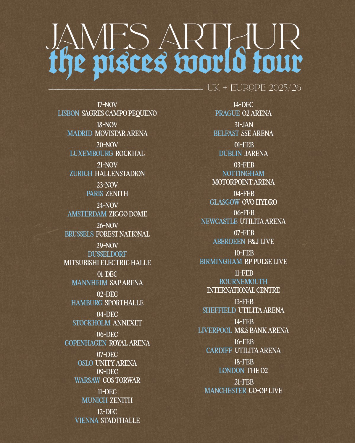 James Arthur The Pisces World Tour Poster 2025-2026